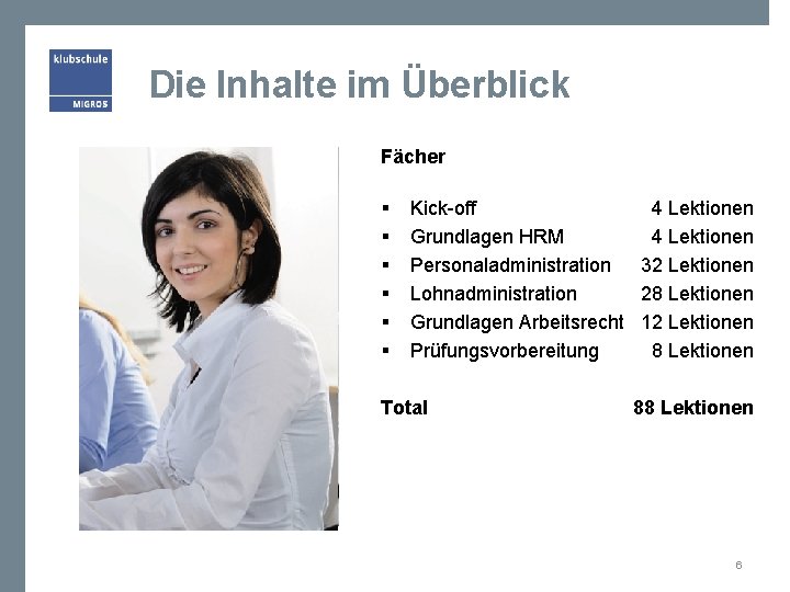 Die Inhalte im Überblick Fächer § § § Kick-off Grundlagen HRM Personaladministration Lohnadministration Grundlagen