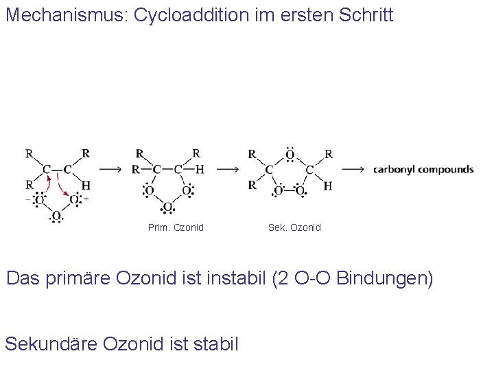 Mechanismus: Cycloaddition im ersten Schritt Prim. Ozonid Sek. Ozonid Das primäre Ozonid ist instabil