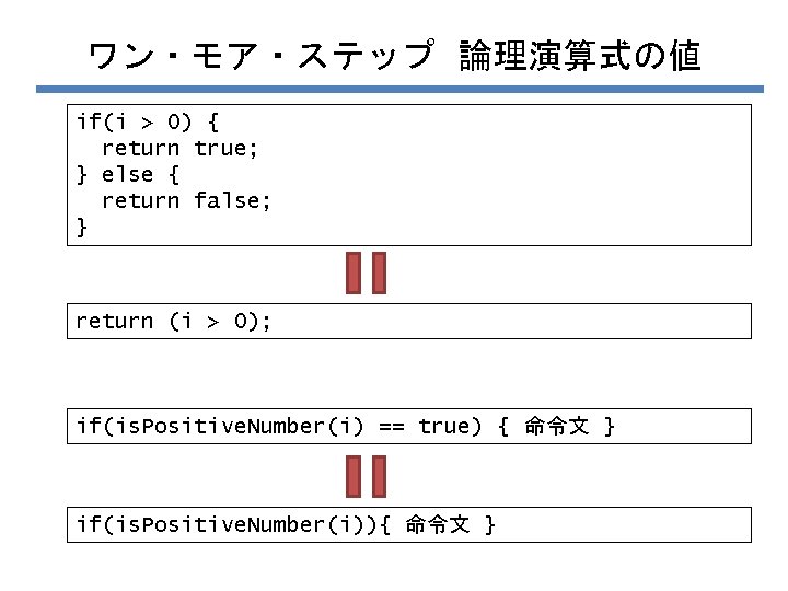 ワン・モア・ステップ 論理演算式の値 if(i > 0) { return true; } else { return false; }