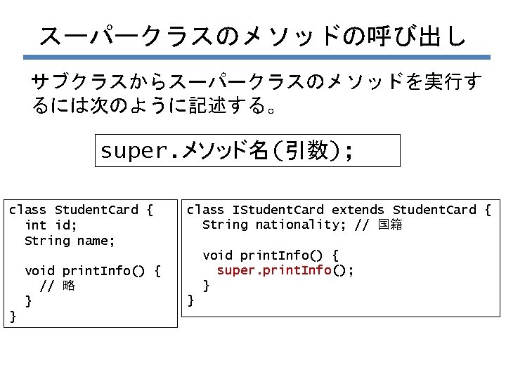 スーパークラスのメソッドの呼び出し サブクラスからスーパークラスのメソッドを実行す るには次のように記述する。 super. メソッド名(引数); class Student. Card { int id; String name; void