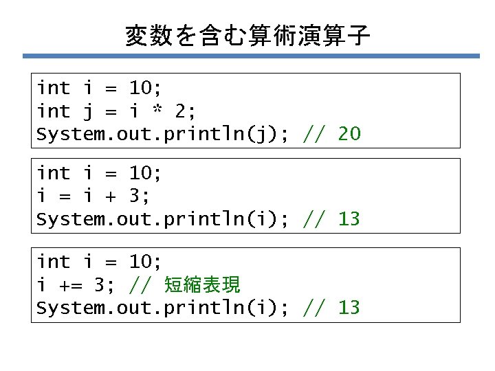 変数を含む算術演算子 int i = 10; int j = i * 2; System. out. println(j);