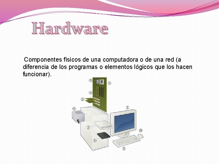 Hardware Componentes físicos de una computadora o de una red (a diferencia de los