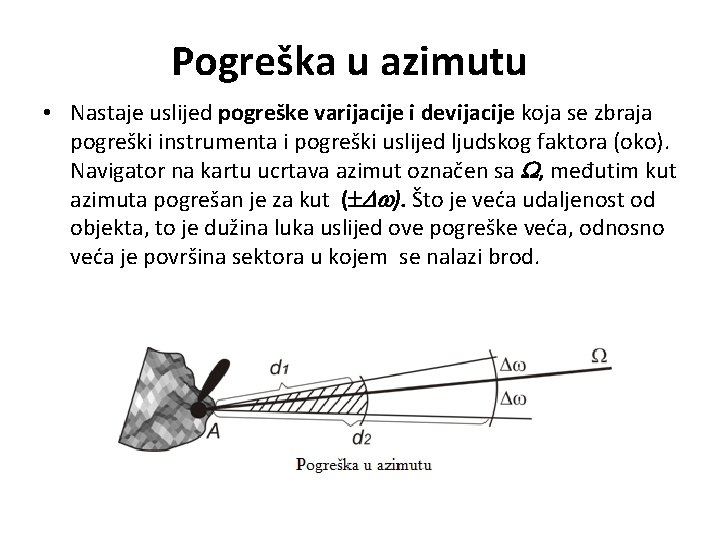 Pogreška u azimutu • Nastaje uslijed pogreške varijacije i devijacije koja se zbraja pogreški Pogreška u azimutu • Nastaje uslijed pogreške varijacije i devijacije koja se zbraja pogreški