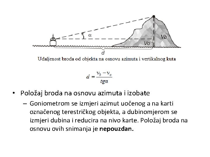  • Položaj broda na osnovu azimuta i izobate – Goniometrom se izmjeri azimut