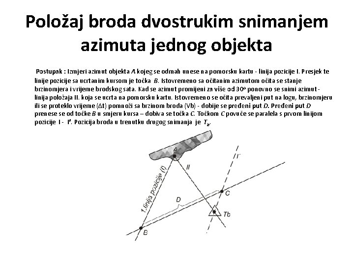 Položaj broda dvostrukim snimanjem azimuta jednog objekta Postupak : Izmjeri azimut objekta A kojeg