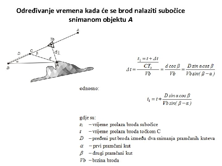 Određivanje vremena kada će se brod nalaziti subočice snimanom objektu A 