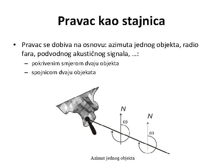 Pravac kao stajnica • Pravac se dobiva na osnovu: azimuta jednog objekta, radio fara, Pravac kao stajnica • Pravac se dobiva na osnovu: azimuta jednog objekta, radio fara,