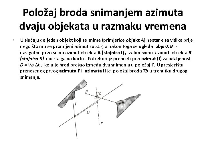 Položaj broda snimanjem azimuta dvaju objekata u razmaku vremena • U slučaju da jedan