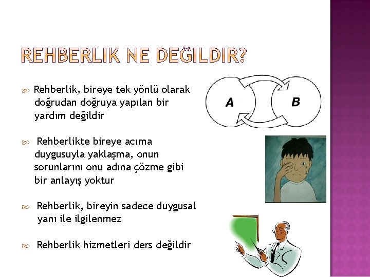  Rehberlik, bireye tek yönlü olarak doğrudan doğruya yapılan bir yardım değildir Rehberlikte bireye