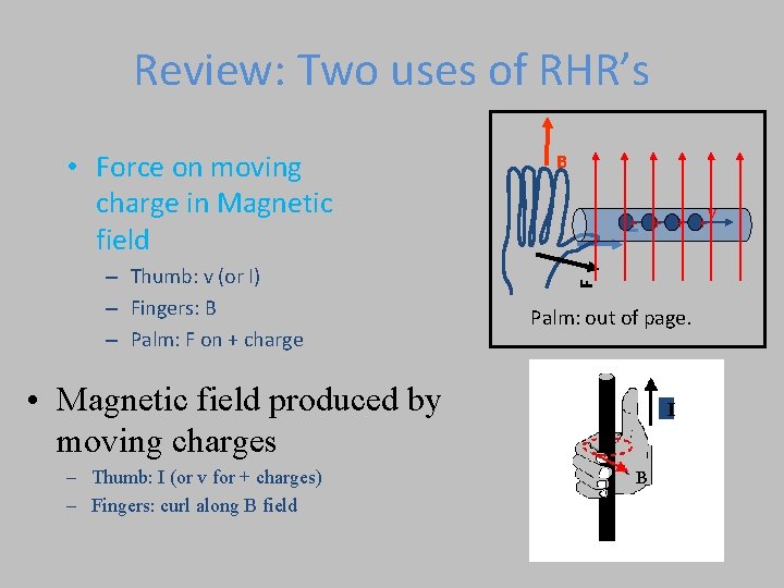 Review: Two uses of RHR’s • Magnetic field produced by moving charges – Thumb: