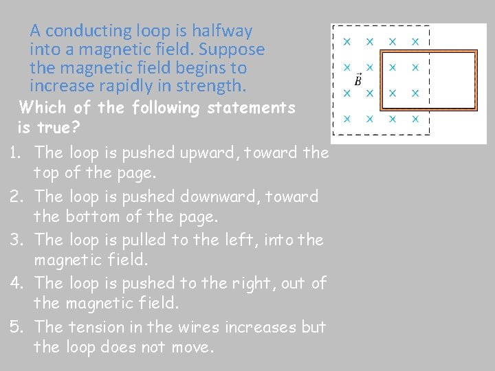 A conducting loop is halfway into a magnetic field. Suppose the magnetic field begins