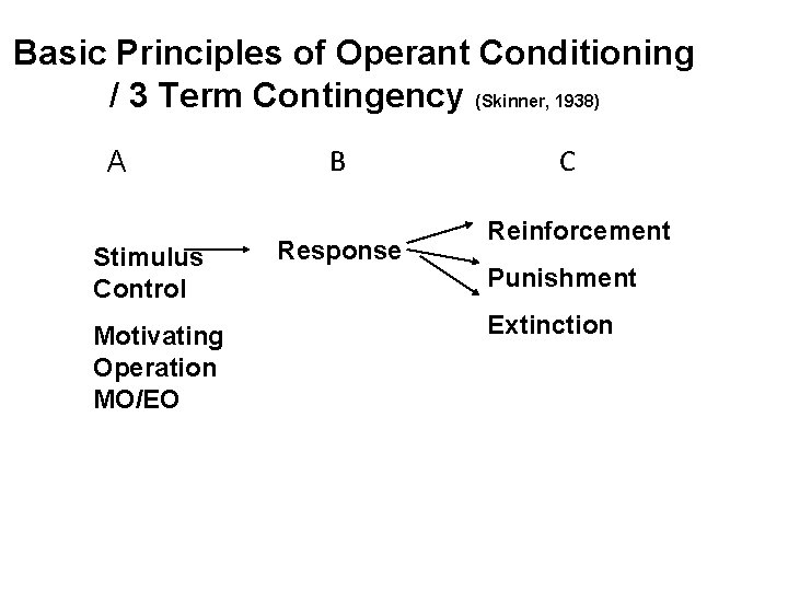 Basic Principles of Operant Conditioning / 3 Term Contingency (Skinner, 1938) A Stimulus Control