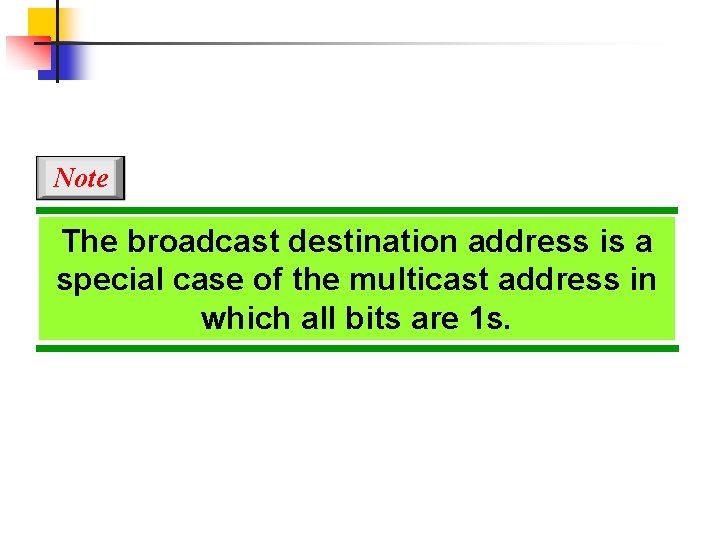 Note The broadcast destination address is a special case of the multicast address in