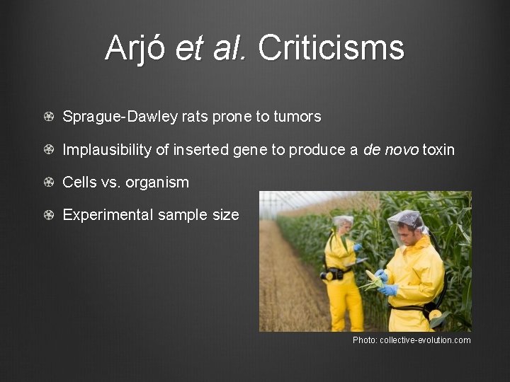 Arjó et al. Criticisms Sprague-Dawley rats prone to tumors Implausibility of inserted gene to