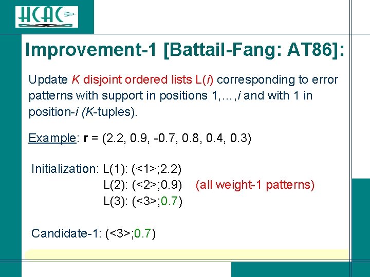 Improvement-1 [Battail-Fang: AT 86]: Update K disjoint ordered lists L(i) corresponding to error patterns