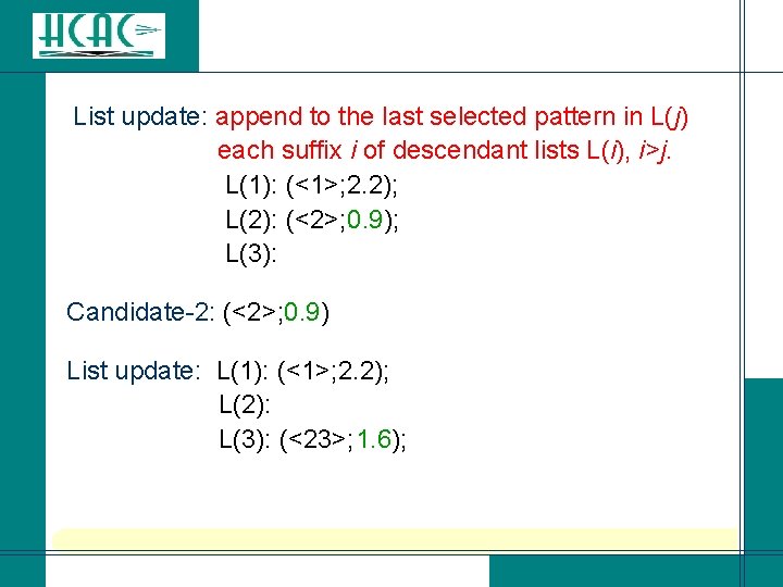 List update: append to the last selected pattern in L(j) each suffix i of List update: append to the last selected pattern in L(j) each suffix i of