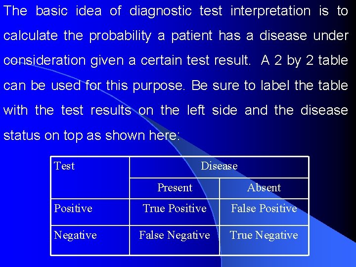 The basic idea of diagnostic test interpretation is to calculate the probability a patient