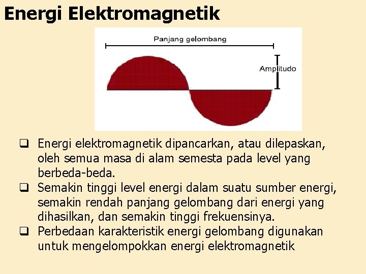Energi Elektromagnetik q Energi elektromagnetik dipancarkan, atau dilepaskan, oleh semua masa di alam semesta
