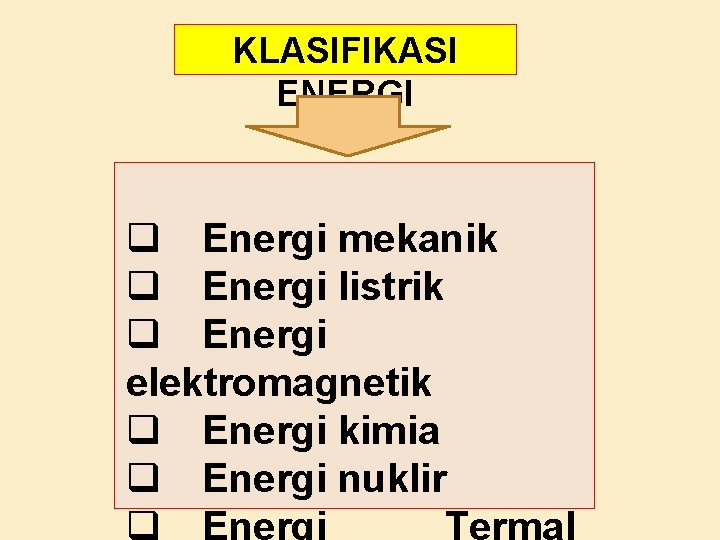 KLASIFIKASI ENERGI q Energi mekanik q Energi listrik q Energi elektromagnetik q Energi kimia