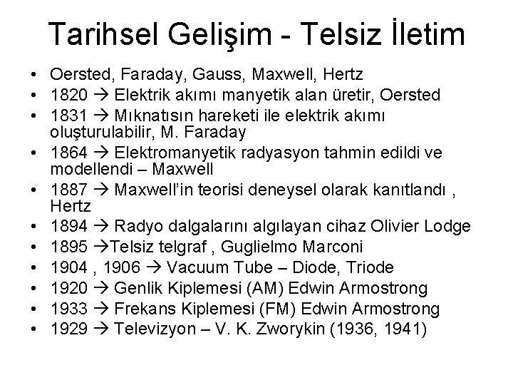 Tarihsel Gelişim - Telsiz İletim • Oersted, Faraday, Gauss, Maxwell, Hertz • 1820 Elektrik