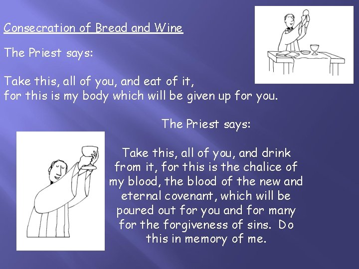 Consecration of Bread and Wine The Priest says: Take this, all of you, and
