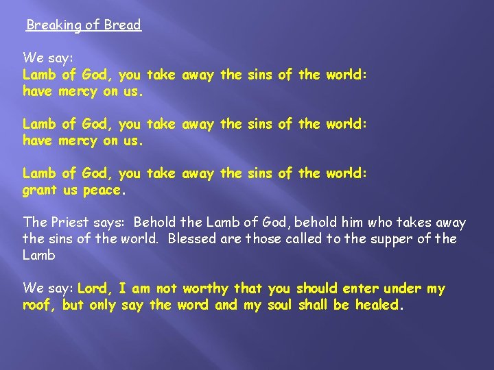  Breaking of Bread We say: Lamb of God, you take away the sins