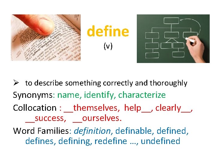 define (v) Ø to describe something correctly and thoroughly Synonyms: name, identify, characterize Collocation