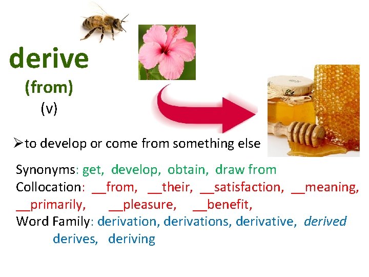 derive (from) (v) Øto develop or come from something else Synonyms: get, develop, obtain,