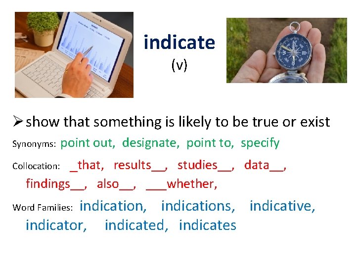 indicate (v) Ø show that something is likely to be true or exist Synonyms:
