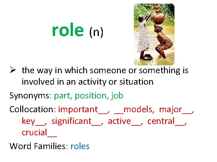 role (n) Ø the way in which someone or something is involved in an