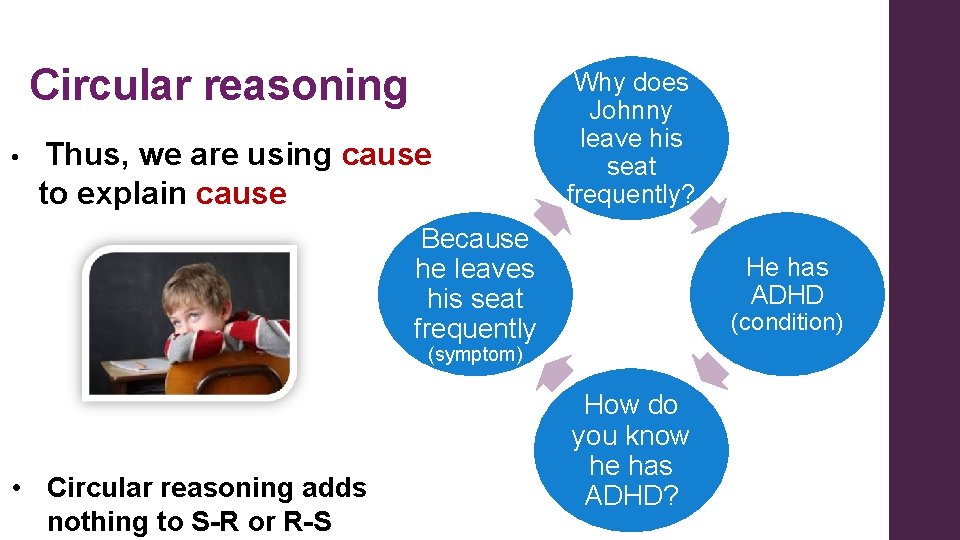 Circular reasoning • Thus, we are using cause to explain cause Why does Johnny