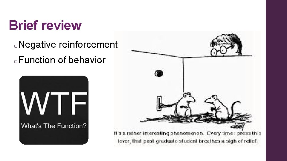 Brief review q Negative reinforcement q Function of behavior Brief review q Negative reinforcement q Function of behavior