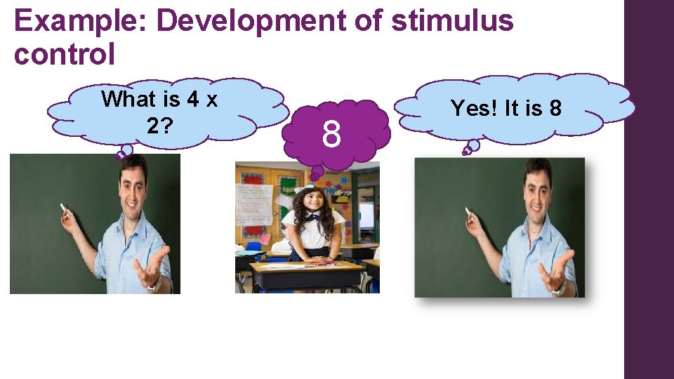 Example: Development of stimulus control What is 4 x 2? 8 Yes! It is