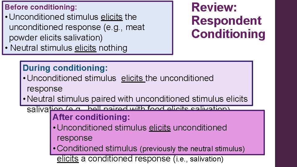 Before conditioning: • Unconditioned stimulus elicits the unconditioned response (e. g. , meat powder