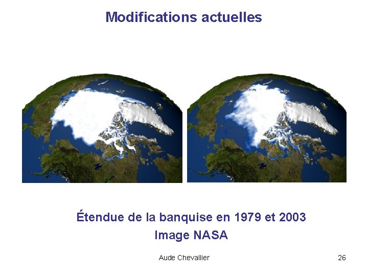 Modifications actuelles Étendue de la banquise en 1979 et 2003 Image NASA Aude Chevallier