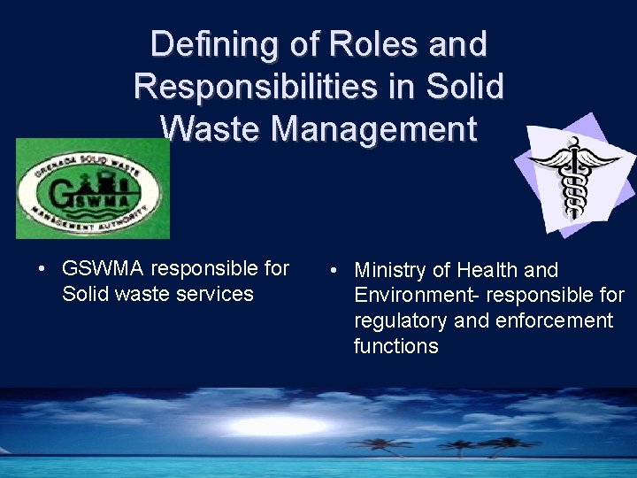 Defining of Roles and Responsibilities in Solid Waste Management • GSWMA responsible for Solid