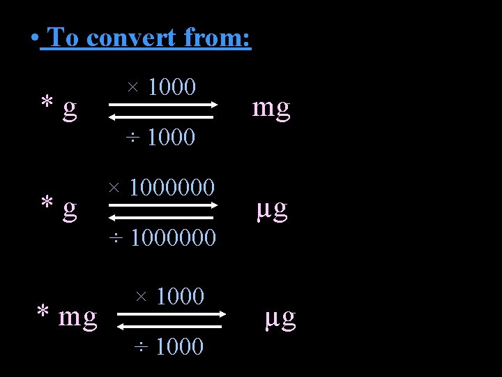  • To convert from: * g × 1000 mg ÷ 1000 * g