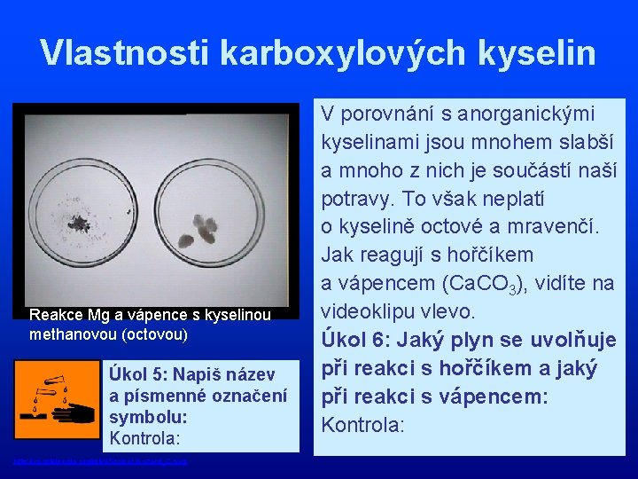 Vlastnosti karboxylových kyselin Reakce Mg a vápence s kyselinou methanovou (octovou) Úkol 5: Napiš