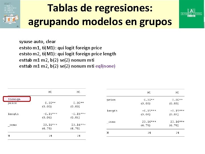 Tablas de regresiones: agrupando modelos en grupos sysuse auto, clear eststo m 1, ti(M