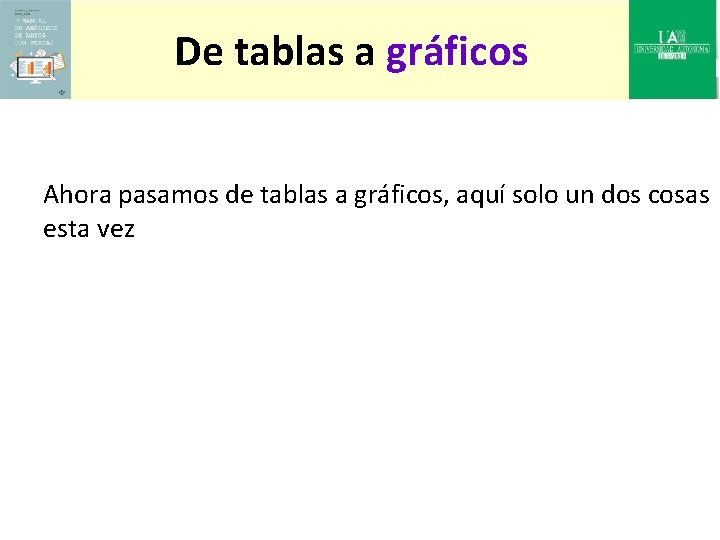 De tablas a gráficos Ahora pasamos de tablas a gráficos, aquí solo un dos