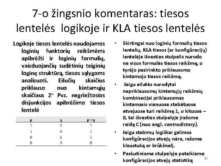 7 -o žingsnio komentaras: tiesos lentelės logikoje ir KLA tiesos lentelės Logikoje tiesos lentelės