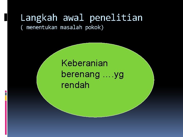 Langkah awal penelitian ( menentukan masalah pokok) Keberanian berenang …. yg rendah Langkah awal penelitian ( menentukan masalah pokok) Keberanian berenang …. yg rendah
