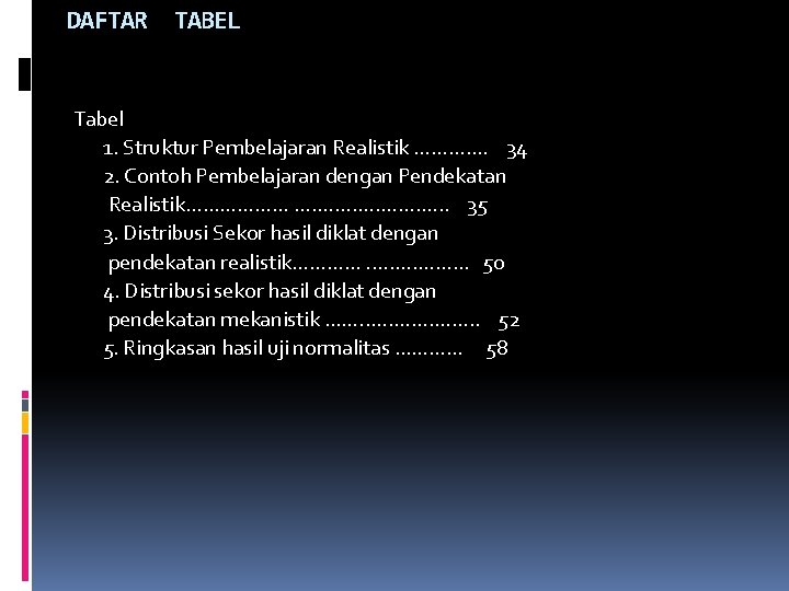 DAFTAR TABEL Tabel 1. Struktur Pembelajaran Realistik ……. . . . 34 2. Contoh DAFTAR TABEL Tabel 1. Struktur Pembelajaran Realistik ……. . . . 34 2. Contoh