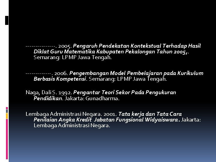 --------. 2005. Pengaruh Pendekatan Kontekstual Terhadap Hasil Diklat Guru Matematika Kabupaten Pekalongan Tahun 2005,