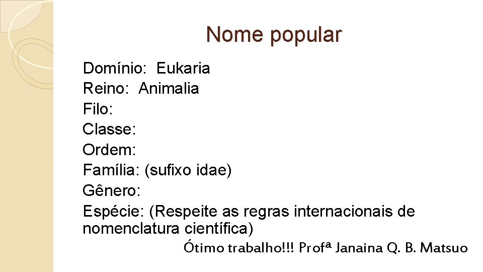 Nome popular Domínio: Eukaria Reino: Animalia Filo: Classe: Ordem: Família: (sufixo idae) Gênero: Espécie: