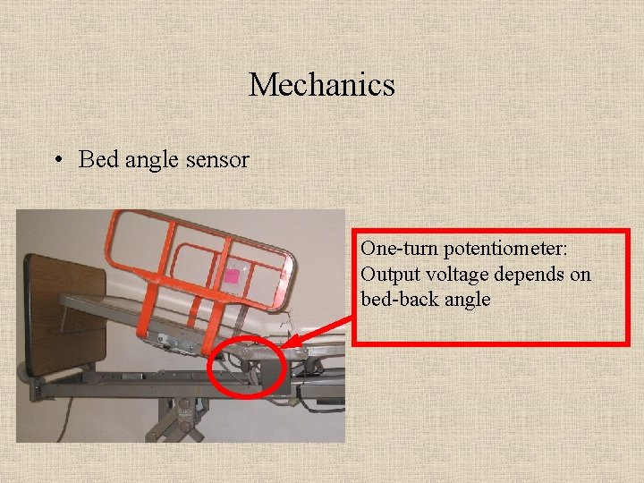 Mechanics • Bed angle sensor One-turn potentiometer: Output voltage depends on bed-back angle 