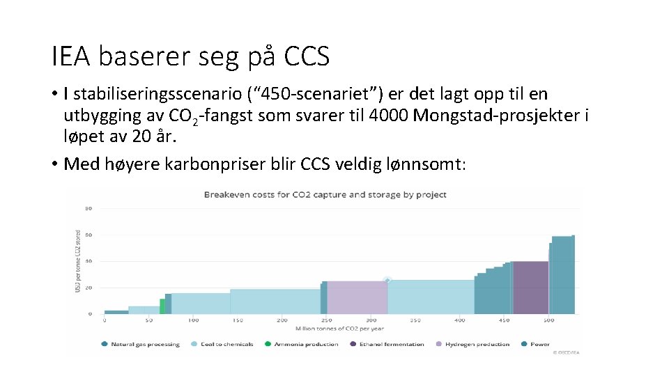 IEA baserer seg på CCS • I stabiliseringsscenario (“ 450 -scenariet”) er det lagt