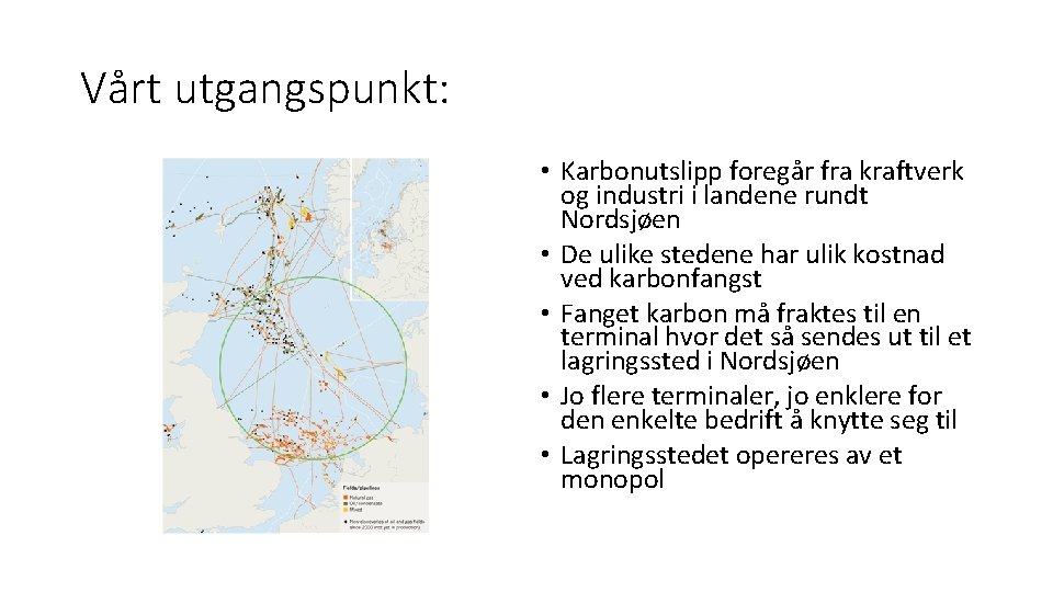 Vårt utgangspunkt: • Karbonutslipp foregår fra kraftverk og industri i landene rundt Nordsjøen •