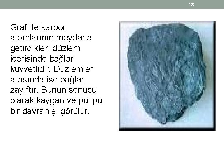 13 Grafitte karbon atomlarının meydana getirdikleri düzlem içerisinde bağlar kuvvetlidir. Düzlemler arasında ise bağlar 13 Grafitte karbon atomlarının meydana getirdikleri düzlem içerisinde bağlar kuvvetlidir. Düzlemler arasında ise bağlar
