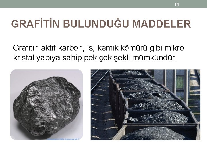 14 GRAFİTİN BULUNDUĞU MADDELER Grafitin aktif karbon, is, kemik kömürü gibi mikro kristal yapıya 14 GRAFİTİN BULUNDUĞU MADDELER Grafitin aktif karbon, is, kemik kömürü gibi mikro kristal yapıya